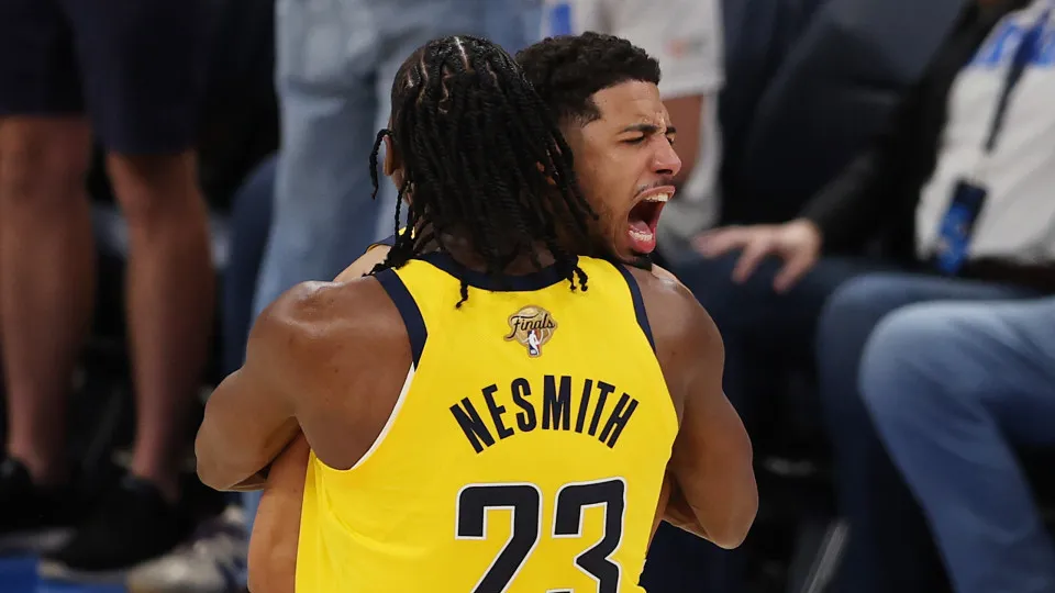 OKLAHOMA CITY, OKLAHOMA - JUNE 05:  Tyrese Haliburton #0 of the Indiana Pacers congratulated by Aaron Nesmith #23 after scoring a basket against the Oklahoma City Thunder during the fourth quarter in Game One of the 2025 NBA Finals at Paycom Center on Jun