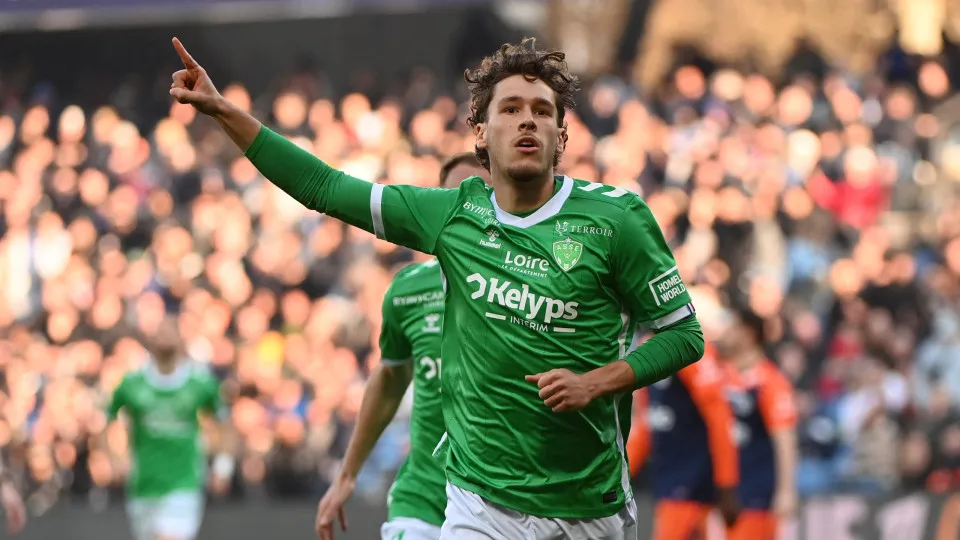 Saint Etienne's Belgian forward #32 Lucas Stassin celebrates after scoring his team's first goal during the French L1 football match between Montpellier Herault SC and AS Saint-Etienne at Stade de la Mosson in Montpellier, southern France, on March 16, 20