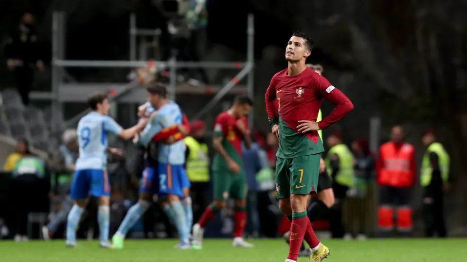 Cristiano Ronaldo of Portugal reacts at the end of the UEFA Nations League Group A2 football match between Portugal and Spain, at the Municipal Stadium in Braga, Portugal, on September 27, 2022. (Photo by Pedro Fiúza/NurPhoto via Getty Images)