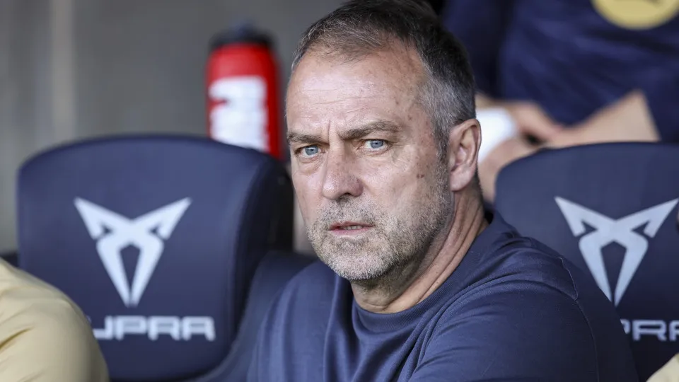 Hansi Flick coaches FC Barcelona during the La Liga EA Sports match between FC Barcelona and Villarreal CF at Olimpic Lluís Companys in Barcelona, Spain, on May 18, 2025. (Photo by Gongora/NurPhoto via Getty Images)