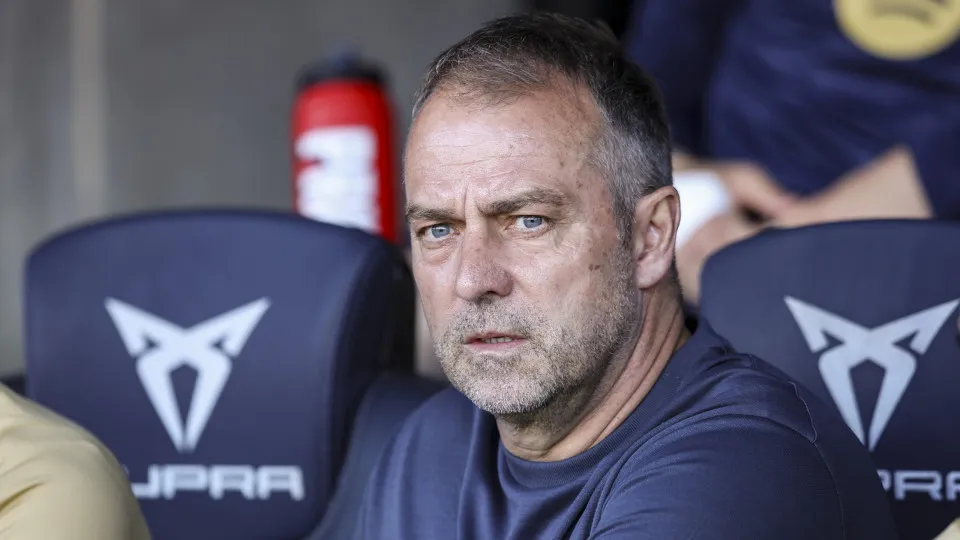 Hansi Flick coaches FC Barcelona during the La Liga EA Sports match between FC Barcelona and Villarreal CF at Olimpic Lluís Companys in Barcelona, Spain, on May 18, 2025. (Photo by Gongora/NurPhoto via Getty Images)