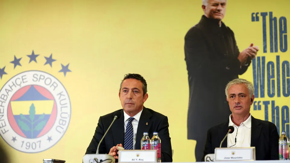 ISTANBUL, TURKEY- JUNE 3: Ali Koç in Fenerbahçe's new coach Jose Mourinho answered questions at the press conference on June 3, 2024 in Istanbul, Turkey. (Photo by Huseyin Yavuz/ dia images via Getty Imagez)