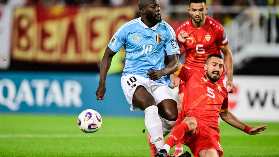 Belgium's Romelu Lukaku and North Macedonia's Gjoko Zajkov fight for the ball during a soccer game between North Macedonia and Belgian national team Red Devils, Friday 06 June 2025 in Skopje, the first (out of 8) qualification games for the World Cup 2026
