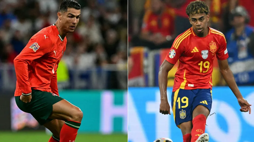 (COMBO) This combination of pictures created on June 06, 2025 shows Portugal's forward #07 Cristiano Ronaldo (L) controling the ball during the UEFA Nations League semi-final football match between Germany and Portugal in Munich, southern Germany on June 