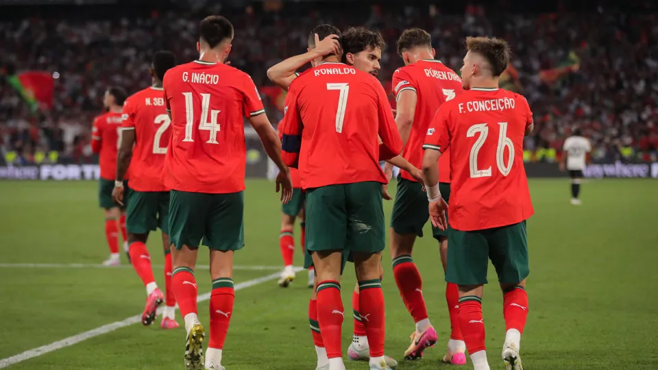 MUNICH,  - JUNE 04: Cristiano Ronaldo of Portugal celebrates after scoring with his teammate Vitinha during the UEFA Nations League 2025 semifinal match between  and Portugal at Munich Football Arena on June 04, 2025 in Munich, . (Pho