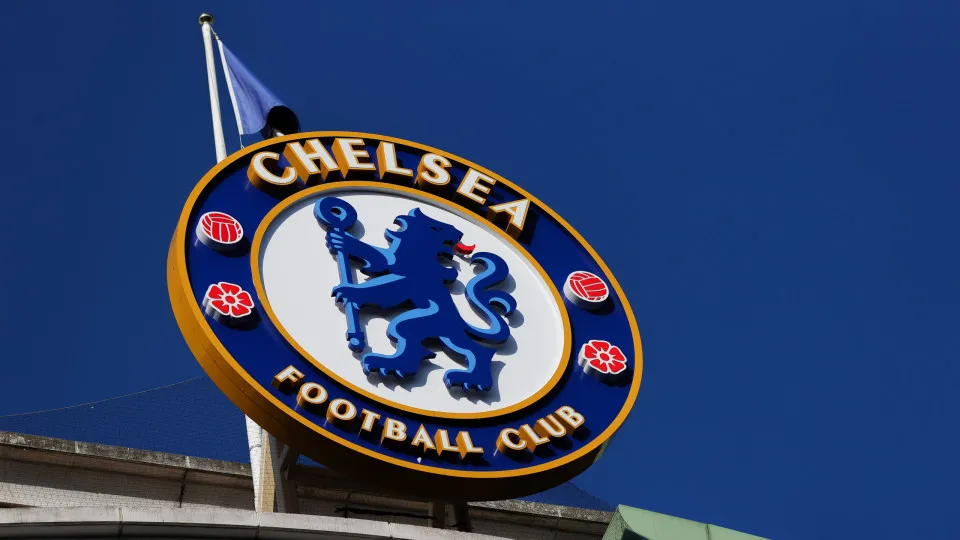 LONDON, ENGLAND - MAY 16: The Chelsea club badge is seen on stadium signage during the Premier League match between Chelsea FC and Manchester United FC at Stamford Bridge on May 16, 2025 in London, England. (Photo by James Gill - Danehouse/Getty Images)