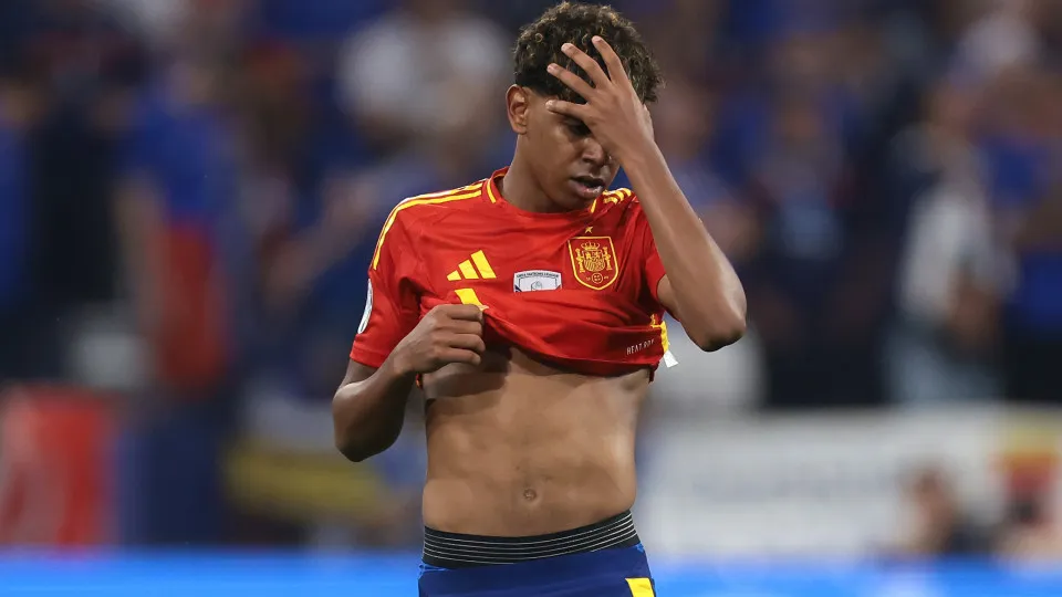 MUNICH, GERMANY - JULY 09: Lamine Yamal of Spain reacts during the UEFA EURO 2024 semi-final match between Spain v France at Munich Football Arena on July 09, 2024 in Munich, Germany. (Photo by Jonathan Moscrop/Getty Images)