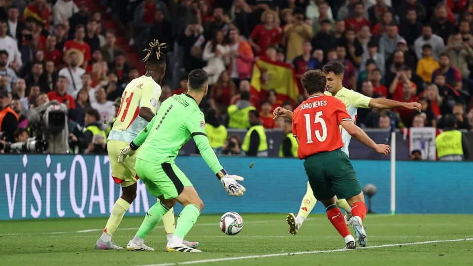 MUNICH,  - JUNE 08: Martin Zubimendi of Spain scores his team's first goal past Diogo Costa of Portugal during the UEFA Nations League 2025 final match between Portugal and Spain at Munich Football Arena on June 08, 2025 in Munich, . (Photo 
