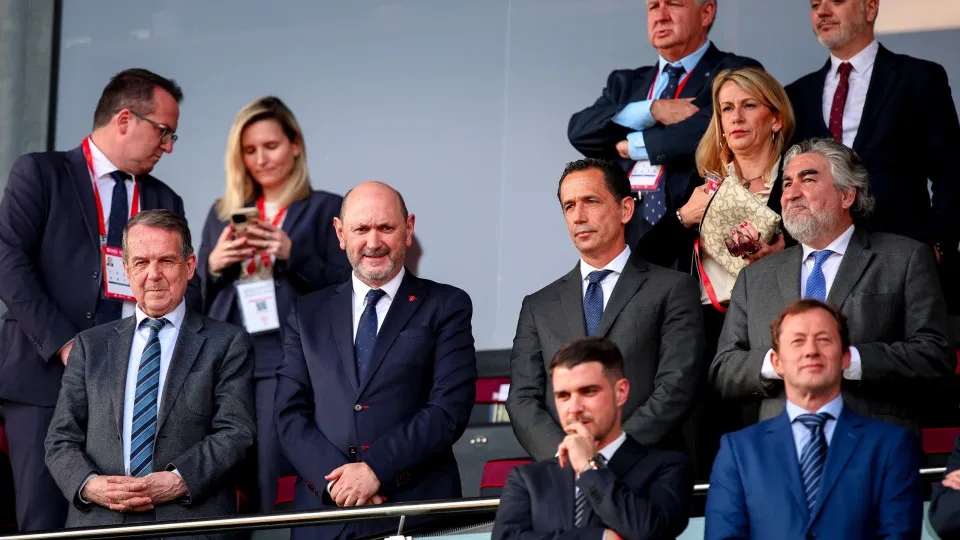 VIGO, SPAIN - APRIL 08: Royal Spanish Football Federation president Rafael Louzan (C), Mayor of Vigo Abel Caballero (L) and President of Portuguese Football Federation Pedro Proenca (R) during the UEFA Women's Nations League 2024/25 Grp A3 MD4 match betwe