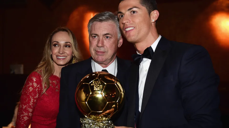 ZURICH, SWITZERLAND - JANUARY 12: Carlo Ancelotti, coach of Real Madrid and wife Mariann Barrena McClay pose with FIFA Ballon d'Or winner Cristiano Ronaldo of Portugal and Real Madrid after the FIFA Ballon d'Or Gala 2014 at the Kongresshaus on January 12,
