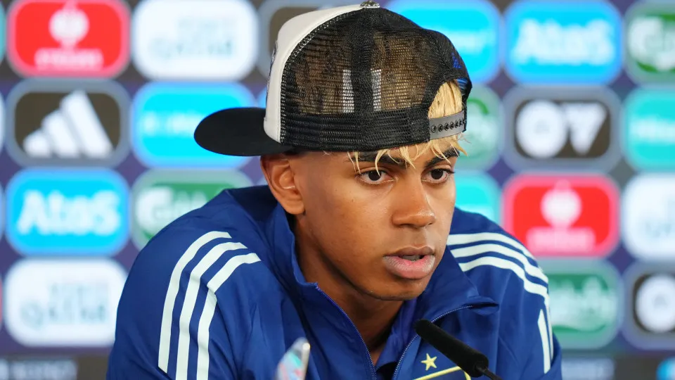 STUTTGART,  - JUNE 05: Lamine Yamal of Spain, speaks to the media in a post match press conference following the UEFA Nations League 2025 semifinal match between Spain and  at Stuttgart Arena on June 05, 2025 in Stuttgart, . (Photo by 