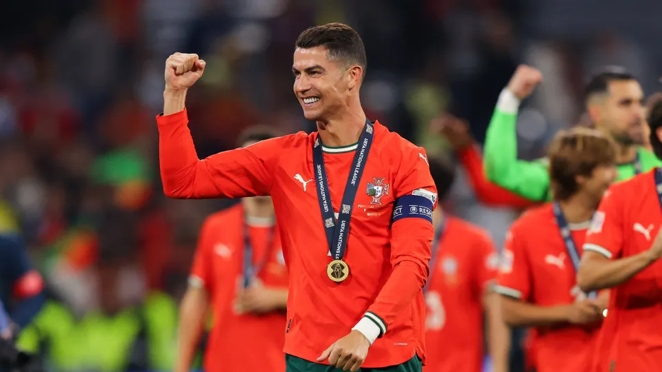 MUNICH, GERMANY - JUNE 08: Cristiano Ronaldo of Portugal celebrates after the UEFA Nations League 2025 final match between Portugal and Spain at Munich Football Arena on June 08, 2025 in Munich, Germany. (Photo by James Gill - Danehouse/Getty Images)