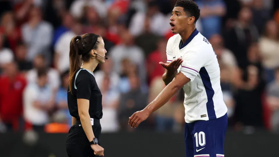 NOTTINGHAM, ENGLAND - JUNE 10: Jude Bellingham of England reacts towards referee Stephanie Frappart, after scoring a goal which was later disallowed following a VAR review during the international friendly match between England and Senegal at City Ground 