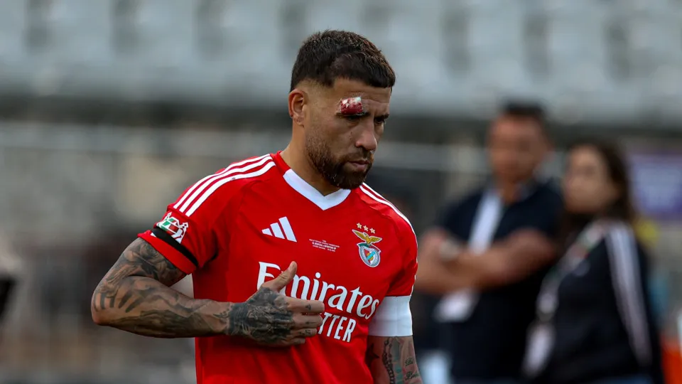 Nicolas Otamendi, defender of SL Benfica, looks dejected at the end of the 'Taca de Portugal' match between SL Benfica and Sporting CP at Estadio Nacional in Oeiras, Portugal, on May 25, 2025. (Photo by Valter Gouveia/NurPhoto via Getty Images)