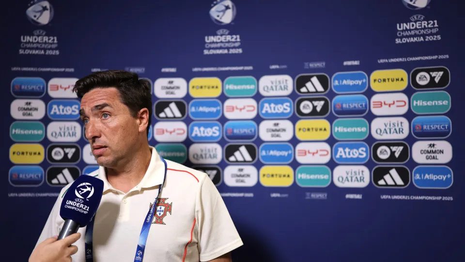 TRENCIN, SLOVAKIA - JUNE 11: Rui Jorge, Head Coach of Portugal, speaks to the media on the flash interview after the UEFA European Under-21 Championship 2025 Group Stage match between Portugal and France at Sihot Stadium on June 11, 2025 in Trencin, Slova