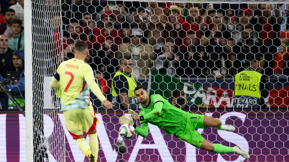 MUNICH, GERMANY - JUNE 8: Diogo Costa of Portugal saves the penalty by Alvaro Morata of Spain during a penalty shootout  during the UEFA Nations League 2025 final match between Portugal and Spain at Munich Football Arena on June 8, 2025 in Munich, Germany