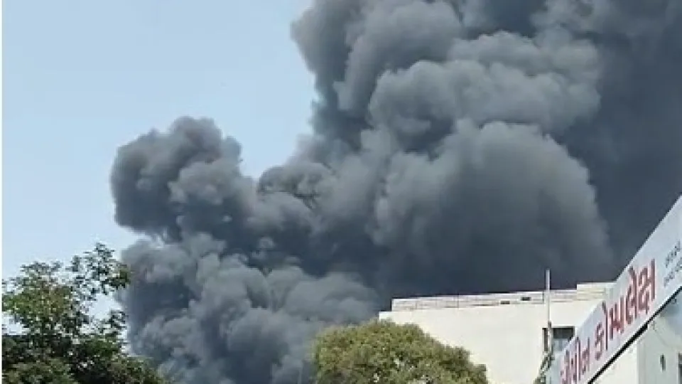 GUJARAT, INDIA - JUNE 12: Smoke rises after a plane crash shortly after takeoff from Sardar Vallabhbhai Patel International Airport in India's western state of Gujarat on June 12, 2025. The crash occurred in the Meghaninagar area, according to a report by