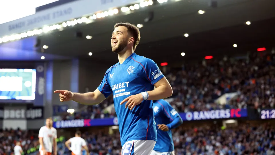 GLASGOW, SCOTLAND - MAY 14: Nicolas Raskin of Rangers celebrates after scoring his team's third goal during the William Hill Premiership match between Rangers FC and Dundee United FC at Ibrox Stadium on May 14, 2025 in Glasgow, Scotland. (Photo by Ian Mac