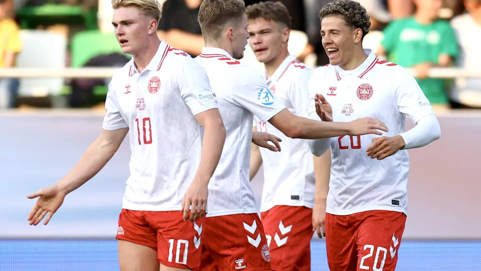 PRESOV, SLOVAKIA - JUNE 12: Clement Bischoff of Denmark celebrates with his team mates after scoring their first side goal during the UEFA European Under-21 Championship 2025 Group Stage match between Ukraine and Denmark at  on June 12, 2025 in Presov, Sl