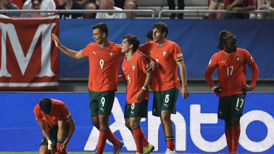 TRENCIN, SLOVAKIA - JUNE 14: Henrique Araujo of Portugal celebrates after scoring their third goal  during the UEFA European Under-21 Championship 2025 Group Stage match between Portugal and Poland at Sihot Stadium on June 14, 2025 in Trencin, Slovakia. (