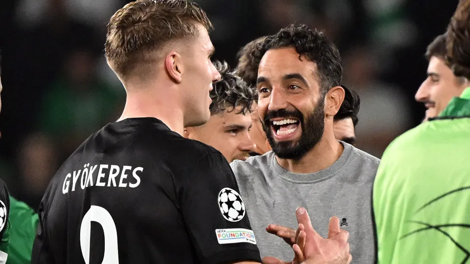 Sporting Lisbon manager Ruben Amorim and Viktor Gyokeres after the final whistle of the UEFA Champions League, league stage match at the Estadio Jose Alvalade, in Lisbon, Portugal. Picture date: Tuesday November 5, 2024. (Photo by Zed Jameson/PA Images vi