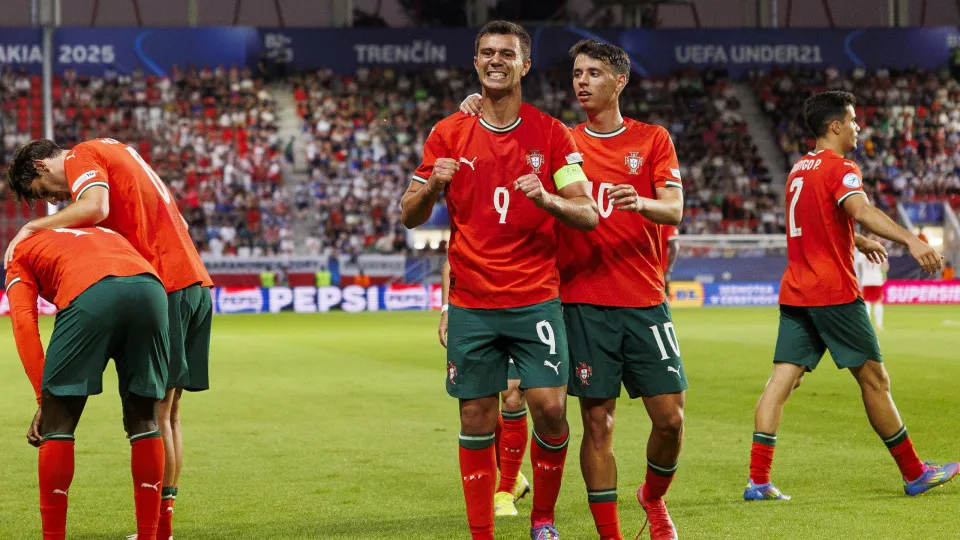 TRENCIN, SLOVAKIA - JUNE 14: Henrique Araújo of Portugal celebrates his goal with teammates during the UEFA European Under-21 Championship 2025 Group Stage match between Portugal and Poland at Sihot Stadium on June 14, 2025 in Trencin, Slovakia. (Photo by