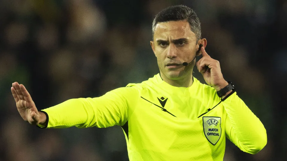 BRUGGE, BELGIUM - NOVEMBER 28: Referee Elchin Masiyev in action during a UEFA Conference League 2024/25 League Phase MD4 match between Cercle Brugge and Heart of Midlothian at the Jan Breydel Stadium, on November 28, 2024, in Brugge, Belgium. (Photo by Cr