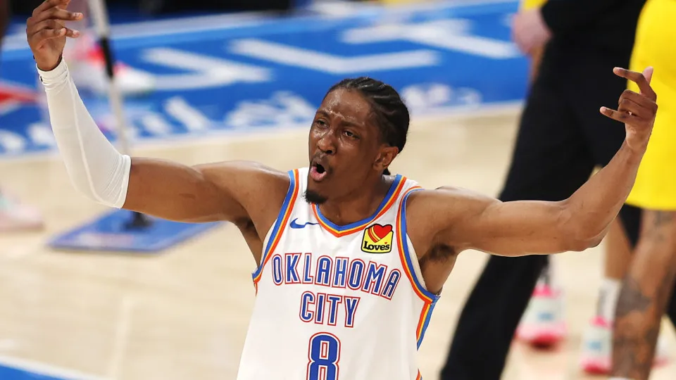 OKLAHOMA CITY, OKLAHOMA - JUNE 16:  Jalen Williams #8 of the Oklahoma City Thunder celebrates against the Indiana Pacers during the third quarter in Game Five of the 2025 NBA Finals at Paycom Center on June 16, 2025 in Oklahoma City, Oklahoma. NOTE TO USE