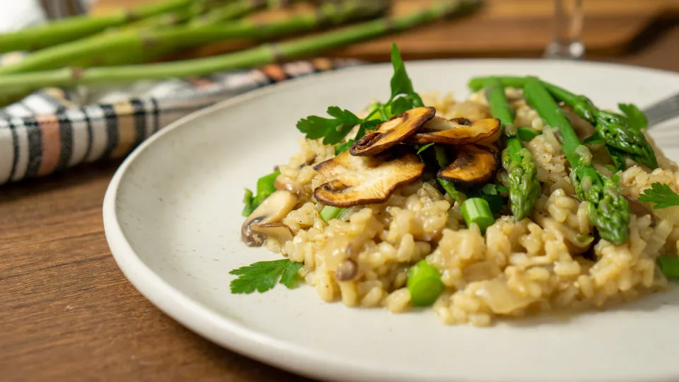Risoto; espargos; cogumelos