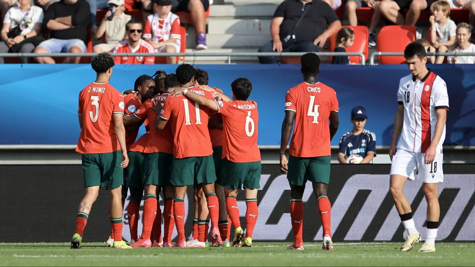 TRENCIN, SLOVAKIA - JUNE 17: Rodrigo  Pinheiro of Portugal celebrates after scoring their first side goal  during the UEFA European Under-21 Championship 2025 Group Stage match between Georgia and Portugal at Sihot Stadium on June 17, 2025 in Trencin, Slo