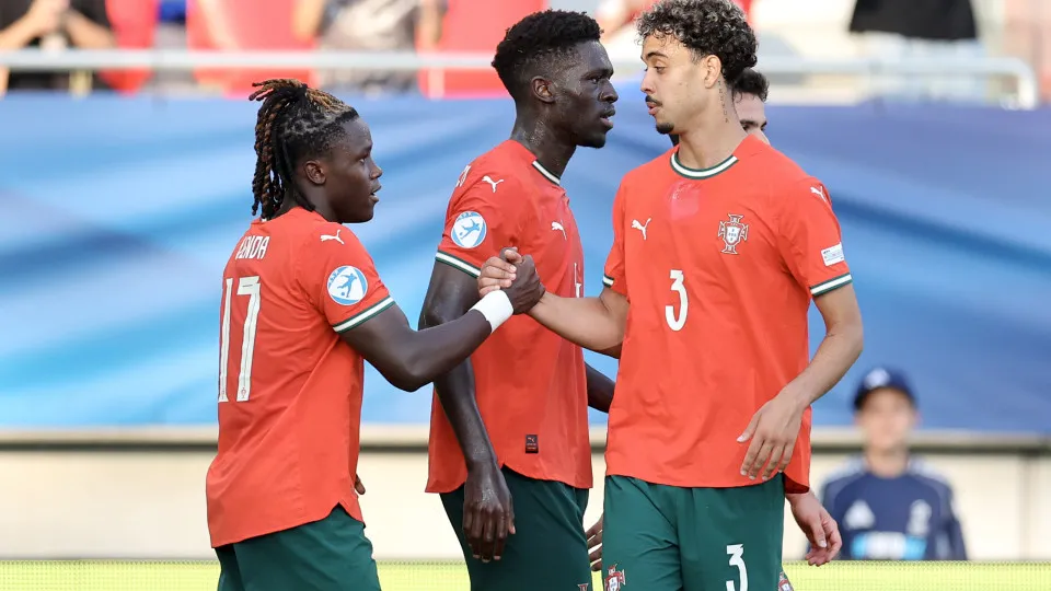 TRENCIN, SLOVAKIA - JUNE 17: Geovany Quenda of Portugal celebrates after scoring their second side goal with Joao Muniz during the UEFA European Under-21 Championship 2025 Group Stage match between Georgia and Portugal at Sihot Stadium on June 17, 2025 in