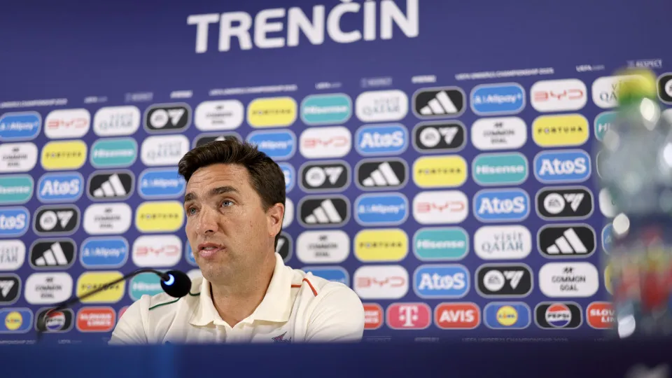 TRENCIN, SLOVAKIA - JUNE 14: Rui Jorge, Head Coach of Portugal, speaks to the media in a post match press conference  during the UEFA European Under-21 Championship 2025 Group Stage match between Portugal and Poland at Sihot Stadium on June 14, 2025 in Tr