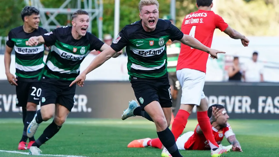 OEIRAS, PORTUGAL - MAY 25: Conrad Harder of Sporting CP celebrates after scoring a goal during the Portuguese Cup 2024/2025 - Final match between SL Benfica and Sporting CP at Estadio Nacional on May 25, 2025 in Oeiras, Portugal.  (Photo by Gualter Fatia/