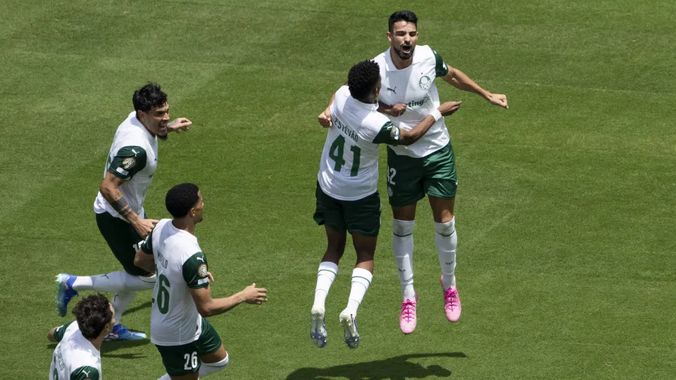 NEW JERSEY , USA  JUNE 19: Palmeiras' players celebrate scoring a goal during the FIFA Club World Cup 2025 Group A football match between Palmeiras and Al Ahly FC at MetLife Stadium in New Jersey, United States on June 19, 2025. (Photo by Mostafa Bassim/A