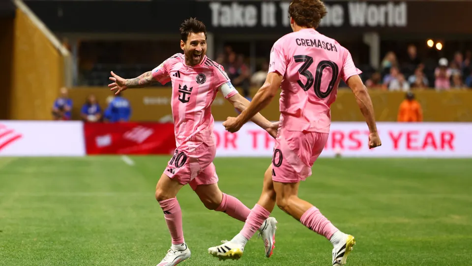 ATLANTA, GEORGIA - JUNE 19: Lionel Messi of Inter Miami celebrates scoring his side's second goal with team-mate Benjamin Cremaschi during the FIFA Club World Cup 2025 group A match between Internacional CF Miami and FC Porto at Mercedes-Benz Stadium on J