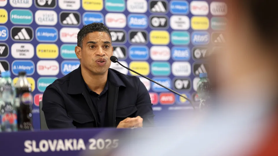 PRESOV, SLOVAKIA - JUNE 15: Michael Reiziger, Head Coach of the Netherlands, speaks to the media in a post match press conference  during the UEFA European Under-21 Championship 2025 Group Stage match between Netherlands and Denmark at  on June 15, 2025 i