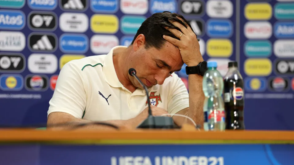ZILINA, SLOVAKIA - JUNE 21: Rui Jorge, Head Coach of Portugal, reacts as he speaks to the media in a post match press conference following defeat in the UEFA European Under-21 Championship 2025 Quarter-Final match between Portugal and Netherlands at MSK Z