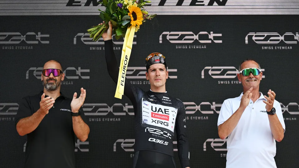 EMMETTEN, SWITZERLAND - JUNE 21: Joao Almeida of Portugal and UAE Team Emirates - XRG celebrates at podium as Black Points Jersey winner during the 88th Tour de Suisse 2025, Stage 7 a 207.3km stage from Neuhausen am Rheinfall to Emmetten 755m / #UCIWT / o