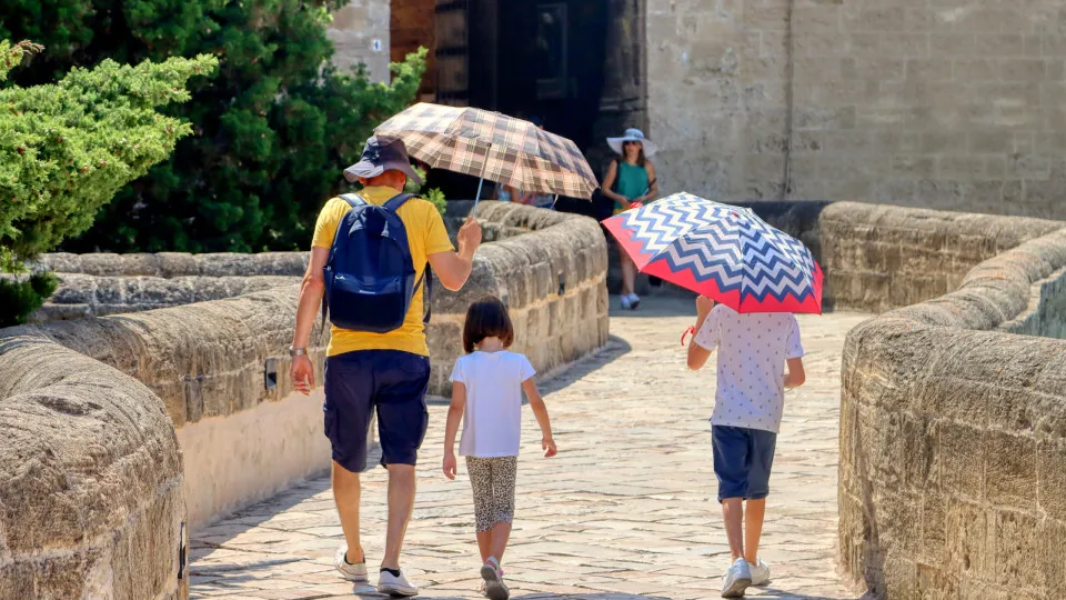 calor, família, pai, crianças, temperaturas, turismo, verão, guarda-sol