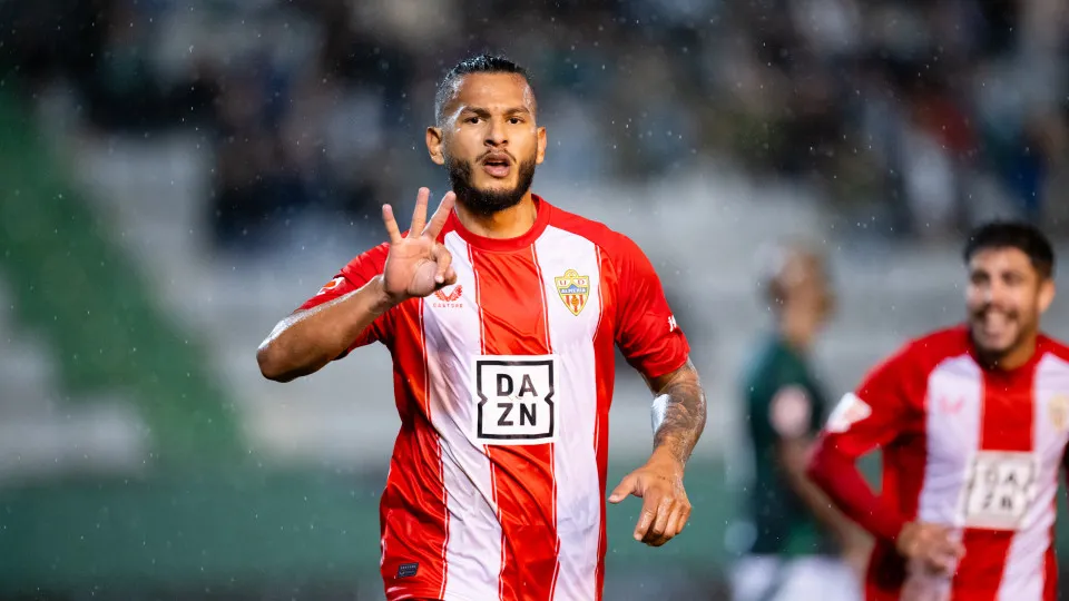 FERROL, SPAIN - DECEMBER 18: Luis Suárez of UD Almería celebrates after scoring his team's fourth goal during the Liga Hypermotion match between Racing Club de Ferrol and UD Almería at Estadio Municipal de A Malata on December 18, 2024 in Ferrol, Spain. (