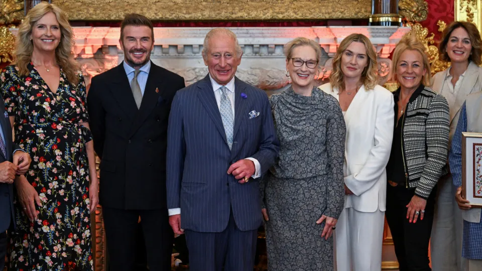 LONDON, ENGLAND - JUNE 12: Penny Lancaster, Meryl Streep, Kate Winslet, Sarah Beeny and David Beckham react next to Britain's King Charles as they attend the King's Foundation Awards ceremony, on the 35th anniversary of The King's Foundation, at St James'