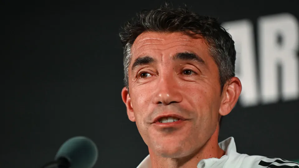 Benfica's Portuguese head coach Bruno Lage speaks during a press conference at Bank of America Stadium in Charlotte, North Carolina, on June 27, 2025, ahead of the FIFA Club World Cup 2025 last 16 football match between Portugal's Benfica and England's Ch
