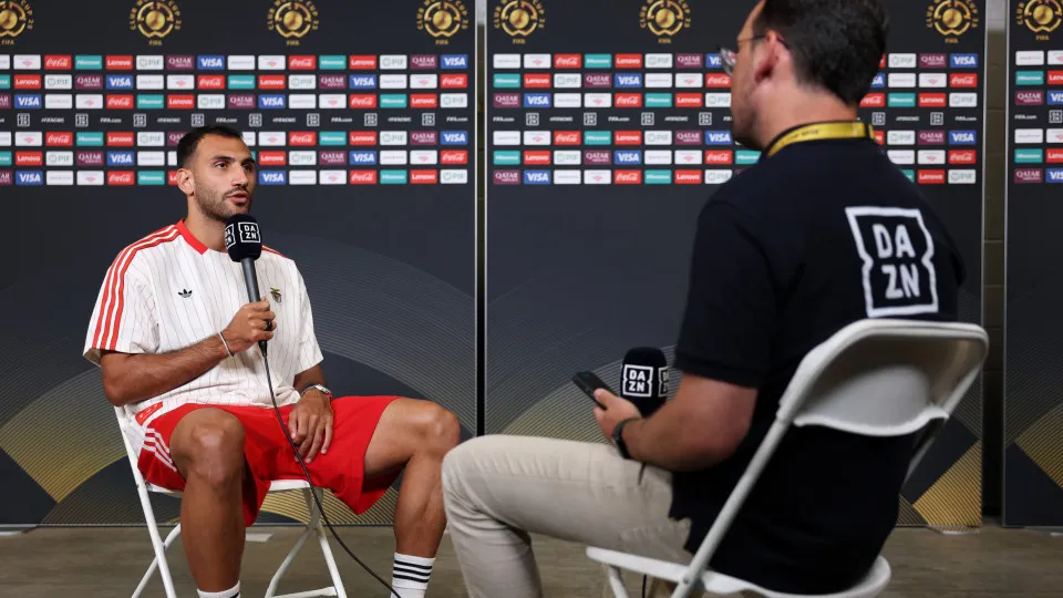 CHARLOTTE, NORTH CAROLINA - JUNE 27: Evangelos Pavlidis of SL Benfica speaks during a interview ahead of their FIFA Club World Cup 2025 match between SL Benfica and Chelsea at Bank of America Stadium on June 27, 2025 in Charlotte, North Carolina. (Photo b