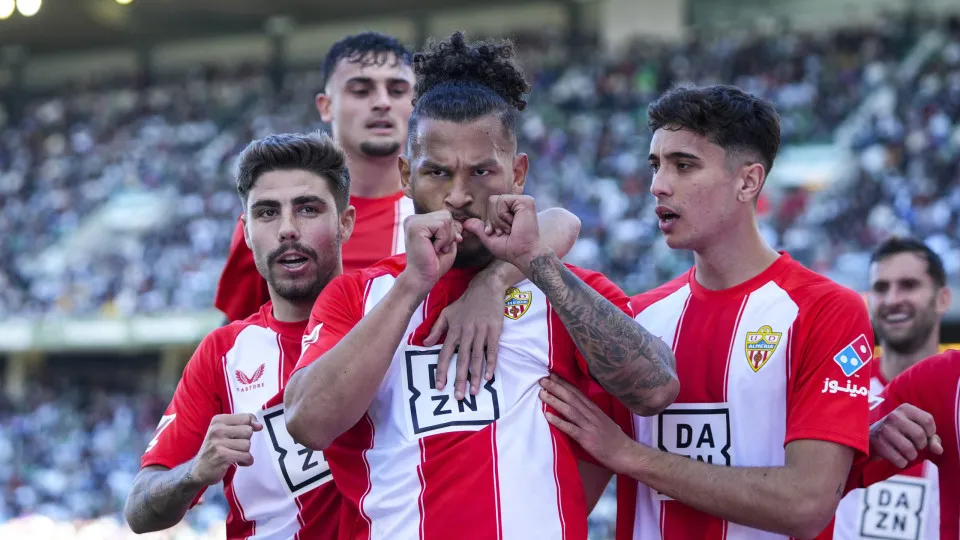 CORDOBA, SPAIN - JANUARY 12: Luis Suarez of UD Almeria celebrates a goal during the Spanish league, LaLiga Hypermotion, football match played between Cordoba CF and UD Almeria at Nuevo Arcangel stadium on January 12, 2025, in Cordoba, Spain. (Photo By Joa