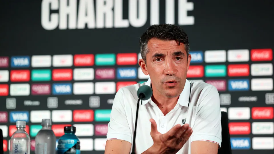 CHARLOTTE, NORTH CAROLINA - JUNE 28: Bruno Lage, Head Coach of SL Benfica, speaks to the media in a post match press conference after the team's defeat in the FIFA Club World Cup 2025 round of 16 match between SL Benfica and Chelsea FC at Bank of America 