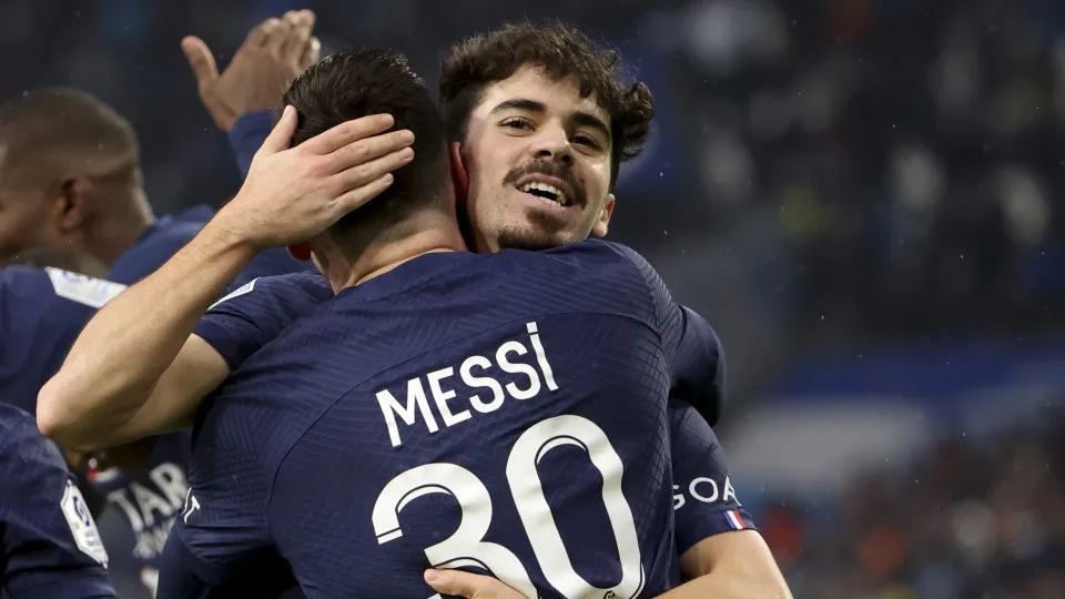 MARSEILLE, FRANCE - FEBRUARY 26: Lionel Messi of PSG celebrates his goal with Vitinha during the Ligue 1 match between Olympique de Marseille (OM) and Paris Saint-Germain (PSG) at Stade Velodrome on February 26, 2023 in Marseille, France. (Photo by Jean C