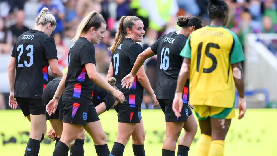 Ella Toone of England celebrates after scoring a goal to make it 3-0 during the International Friendly match between England Women and Jamaica at the King Power Stadium in Leicester, England, on June 29, 2025. (Photo by Jon Hobley | MI News/NurPhoto via G