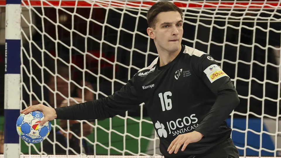 HAMBURG, GERMANY - JANUARY 23: Goalkeeper Diogo Rema Marques of Portugal controls the ball during the Men's EHF Euro 2024 main round match between Netherlands and Portugal at Barclays Arena on January 23, 2024 in Hamburg, Germany. (Photo by Marco Steinbre