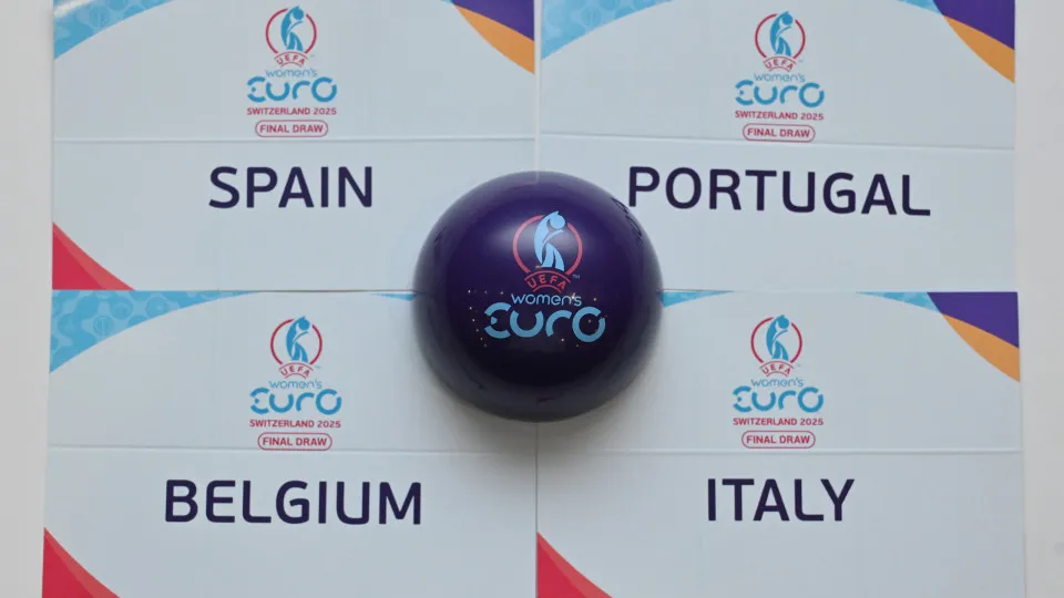 LAUSANNE, SWITZERLAND - DECEMBER 16: Detailed view of the cards showing the teams of Group B Spain, Portugal, Belgium and Italy after the UEFA Women's EURO 2025 Draw at Swiss Tech Convention Centre in Lausanne, Switzerland on December 16, 2024 in Lausanne
