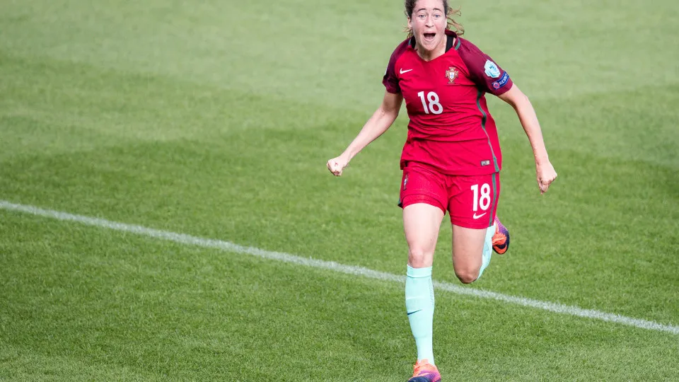 ROTTERDAM, NETHERLANDS - JULY 23: Carolina Mendes #18 of Portugal celebrates scoring her sides first goal during the UEFA Women's Euro 2017 Group D match between Scotland v Portugal at Sparta Stadion on July 23, 2017 in Rotterdam, Netherlands. (Photo by M
